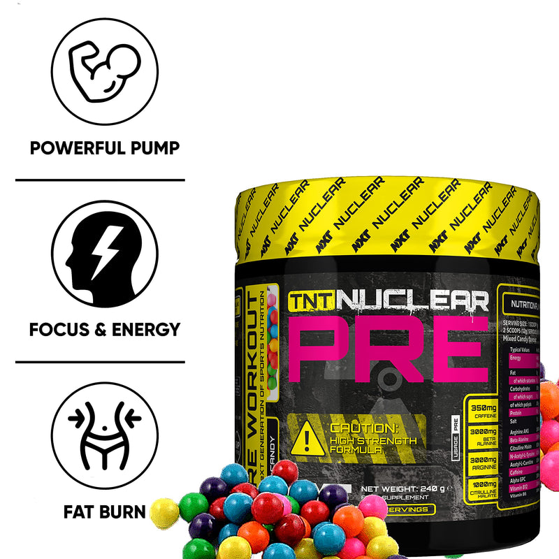 [Australia] - NXT Nutrition TNT Nuclear Pre Workout – Pre Work out Energy Drink with L-Citrulline, Beta Alanine, Arginine , 350mg Caffeine for Insane Energy, Pump, Endurance & Focus - 40 servings Mixed Candy, Vegan 