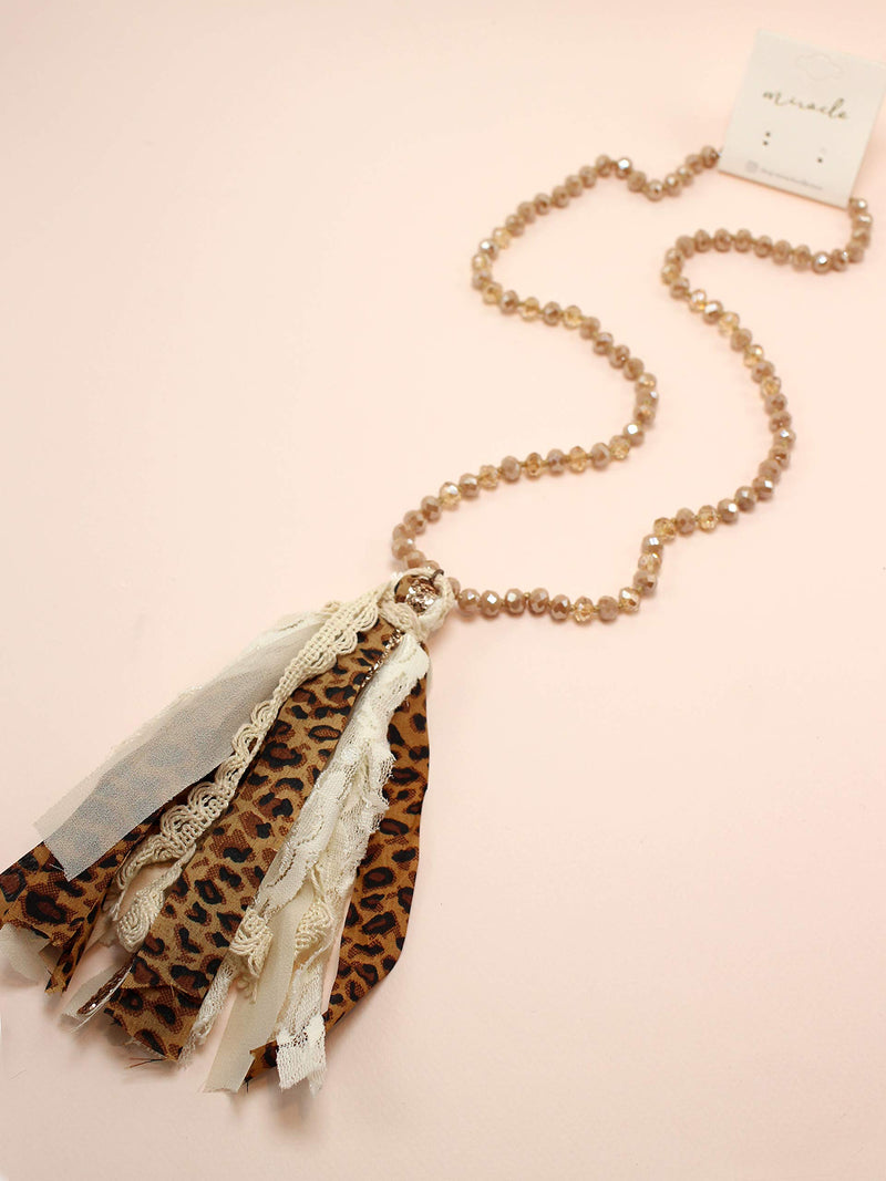 [Australia] - Miracle Collection Boho Handmade Knotted Glass with Leopard Fringe Statement Tassel Vintage Long Necklace NATURAL 