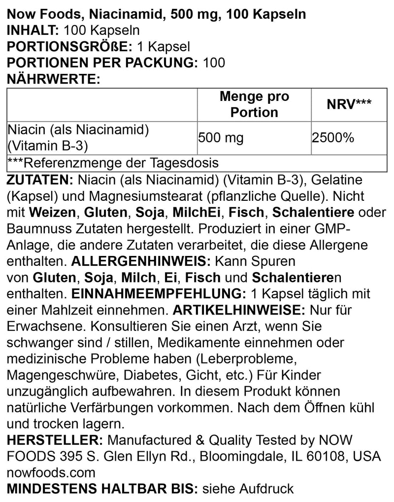 [Australia] - NOW Niacinamide 500mg,100 Capsules 100 Count (Pack of 1) 