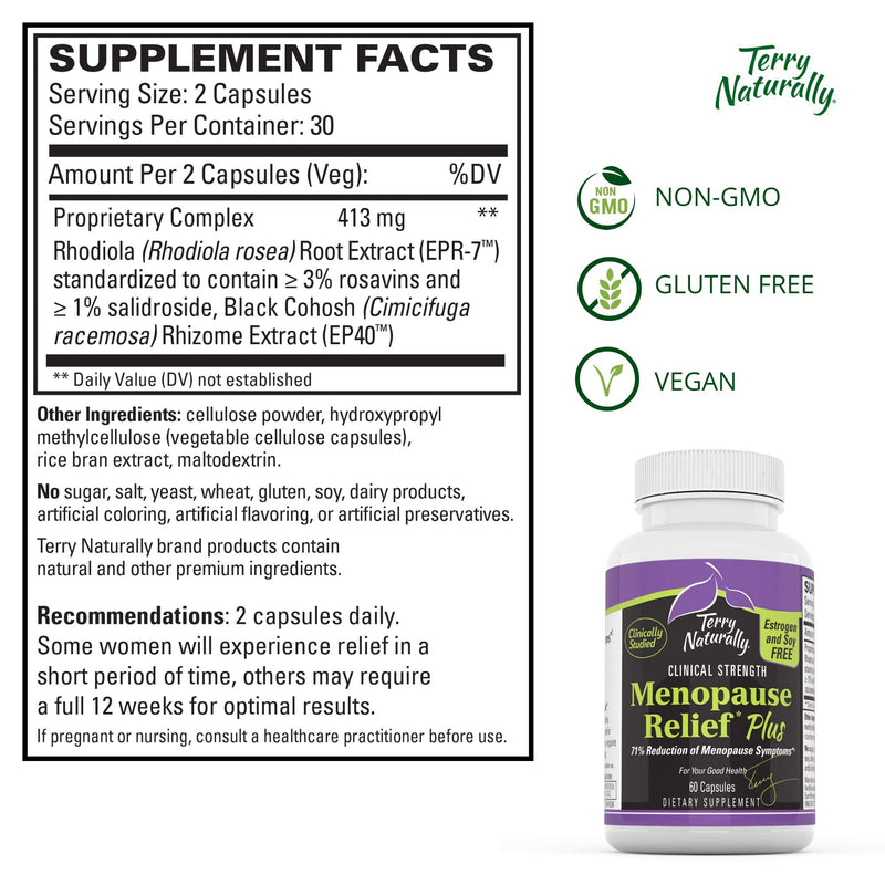 [Australia] - Terry Naturally Menopause Relief Plus - Rhodiola & Black Cohosh Complex, 60 Vegan Capsules - Hot Flash & Night Sweat Relief, Energy & Mood Support, Soy Free - Non-GMO, Gluten-Free - 60 Servings 