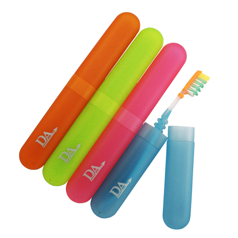 [Australia] - 4 x Toothbrush Case Travel Cover ~ Plastic Holder, Store Clean Brushes on Holidays (Pink, Blue, Green & Orange) Set of 4 Colours 