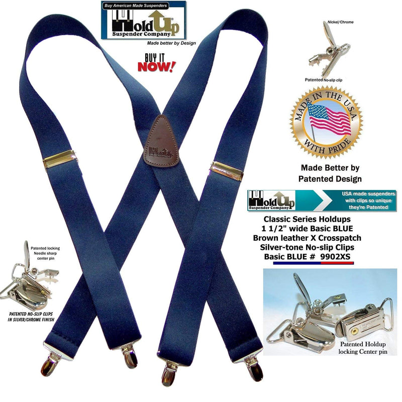 [Australia] - Hold-Ups 1 1/2" Wide Classic Series Suspenders in X-back style w/Patented No-slip Silver Clips Blue 