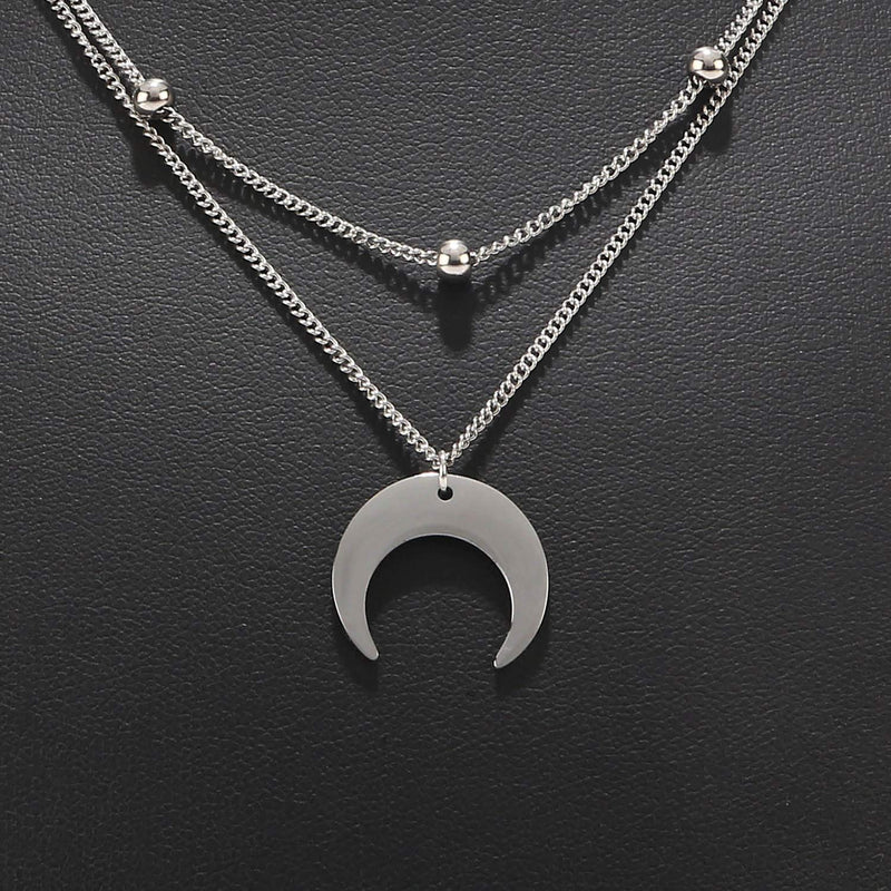 [Australia] - BaubleStar Crescent Pendant Necklace Layering Titanium Chain Choker for Women Girls Silver 