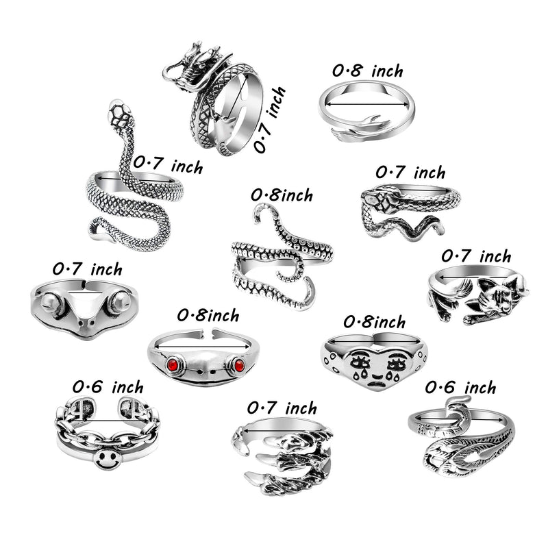 [Australia] - A1diee 12 Pcs Vintage Opening Punk Rings Set, Stainless Steel Alloy Biker Adjustable Rings, Snake Chinese Dragon Claw Octopus Frog Rings, Fashion Retro Gothic Knuckle Ring Black Silver Antique Jewelry 