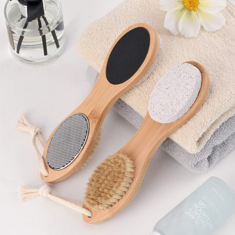 [Australia] - KALESUKI Foot File Callus Remover, Multi-purpose 4 in 1 Feet Pedicure Scrubber Exfoliator Tools with Foot Care Bristle Brush, Pumice Stone, Mental Foot Rasp, Sand Paper and Bamboo Handle 