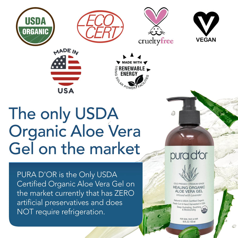 [Australia] - PURA D'OR Organic Aloe Vera Gel Lavender (16oz) All Natural - ZERO Artificial Preservatives - Deeply Hydrating & Moisturizing - Sunburn, Bug Bites, Rashes, Small Cuts, Eczema Relief - For Skin & Hair 16 Fl Oz (Pack of 1) 