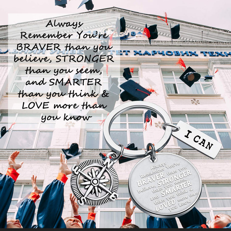 [Australia] - Inspirational Keychain You are Braver Stronger Smarter Than You Think Compass Keychain Graduation Gift Family Friend Students Kids Gifts silver 