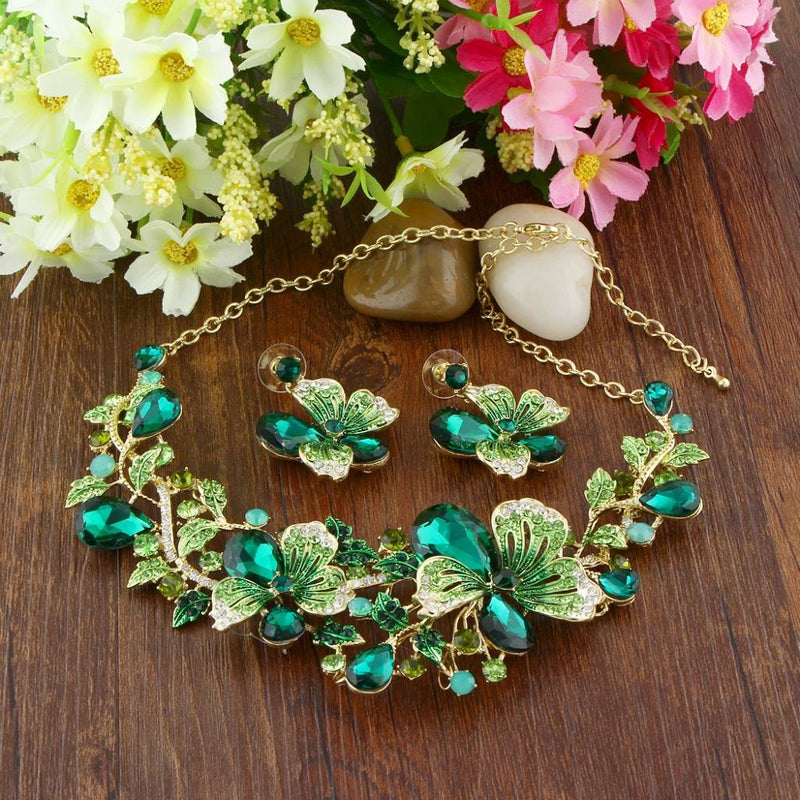[Australia] - EVER FAITH Women's Rhinestone Crystal Flower Teardrop Necklace Earrings Set Green Gold-Tone 