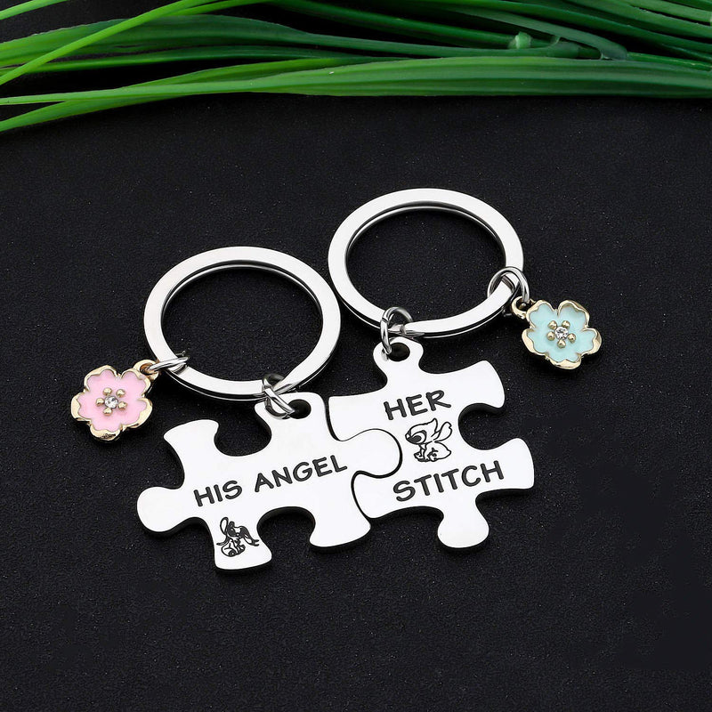 [Australia] - CYTING Her Stitch His Angel Puzzle Piece Keychain Set with Hibiscus Flower Charm Hawaiian Jewelry Gift for Couples Family Best Friends Stitch Angel puzzle piece 