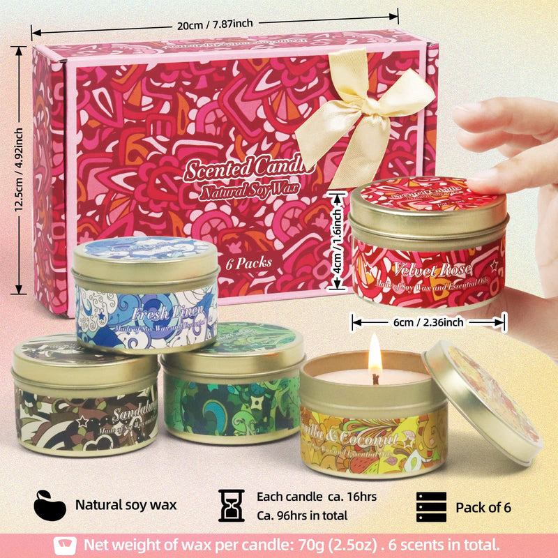[Australia] - Scented Candles Set, Natural Soy Wax Candles in Portable Tin, Aromatherapy Candle Gift Set for Mother's Day, Christmas, Birthday, Ideal for Yoga, Relaxation, Meditation, 6 Packs 