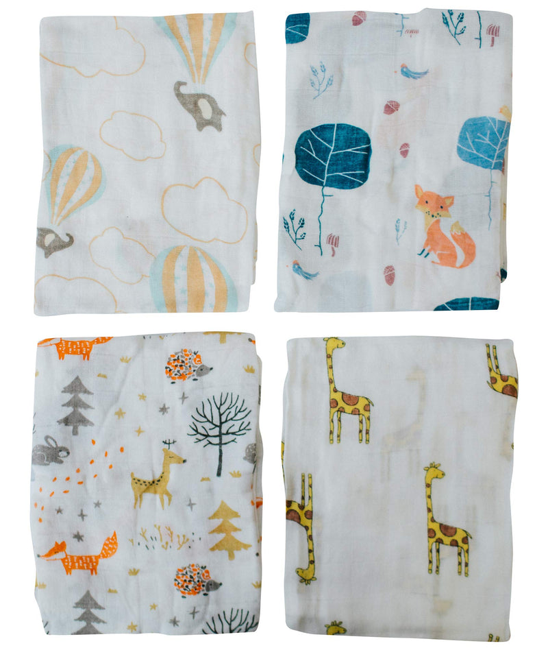 [Australia] - Little English Quality Muslin Squares cloth for Babies, Ultrasoft with 4 unique animal designs - Animal Friends - Pack of 4 - Size 60cm x 60cm 