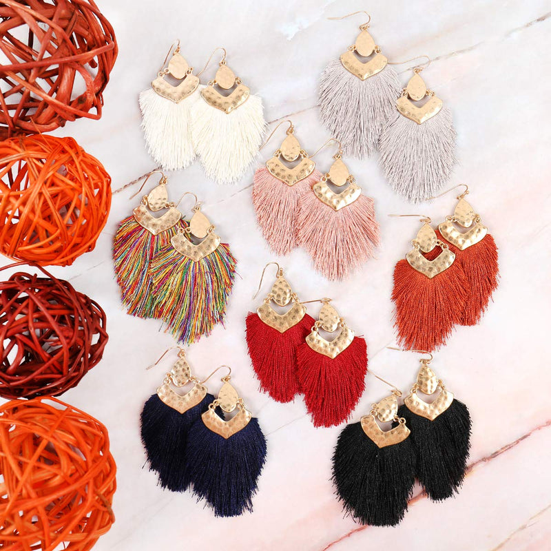 [Australia] - Bohemian Silky Thread Fan Fringe Tassel Statement Earrings - Lightweight Strand Feather Shape Dangles Bohemian Fringe - Black 