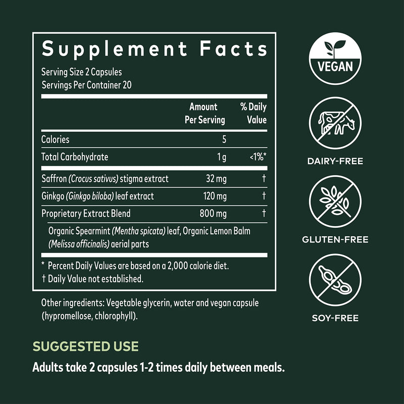 [Australia] - Gaia Herbs Nootropic Focus - Brain & Cognitive Support Supplement to Help Maintain Healthy Concentration* - with Saffron, Lemon Balm & Spearmint - 40 Liquid Phyto-Capsules (Up to 20-Day Supply) 40 Count (Pack of 1) 