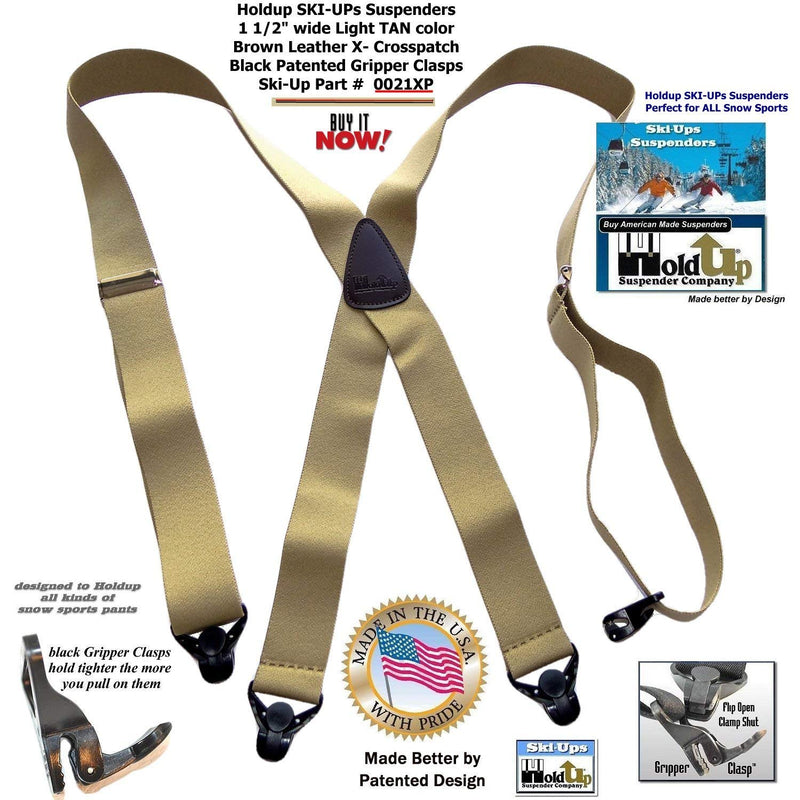 [Australia] - Holdup Brand Light Tan Snow Ski Suspenders in 1 1/2" width and X-back style with black Patented Gripper Clasp 