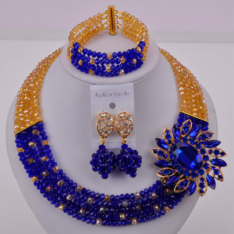 [Australia] - aczuv 5 Rows Women's Fashion African Beads Nigerian Necklace Bridal Wedding Jewelry Sets Gold AB Royal Blue 