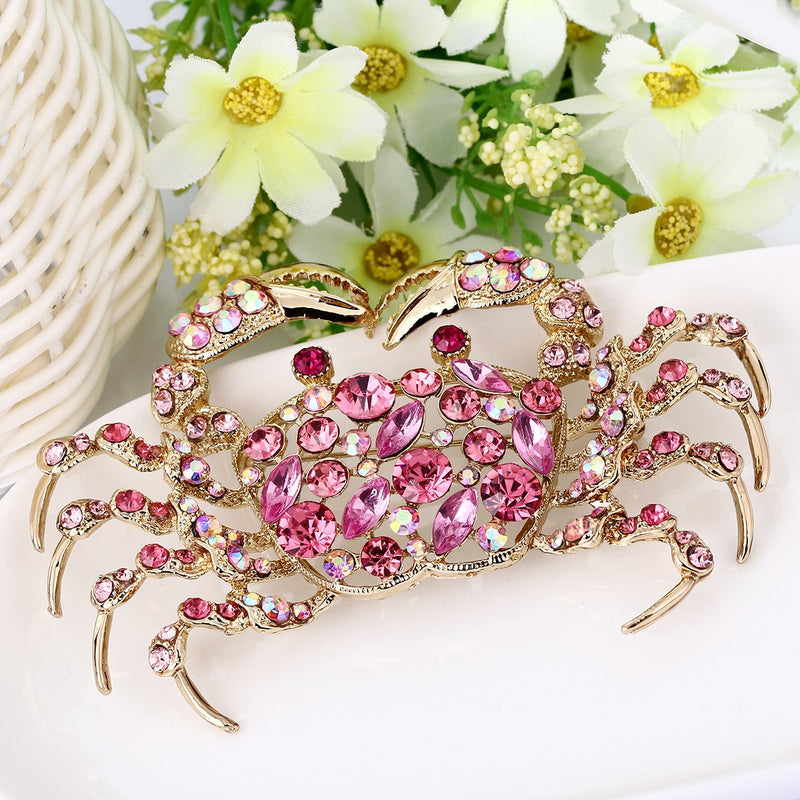 [Australia] - EVER FAITH Women's Marquise Round Austrian Crystal Vivid Crab Animal Daily Brooch Pink Gold-Tone 