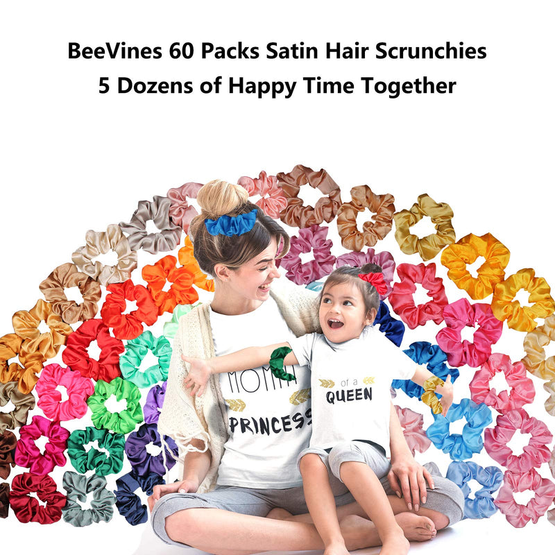 [Australia] - 60 Pack Hair Scrunchies, BeeVines Satin Silk Scrunchies for Hair, Silky Curly Hair Accessories for Women, Hair Ties Ropes for Teens, Scrunchies Pack Girl’s Birthday Gift Thanksgiving Christmas Gift Sixty Packs Premium Satin 