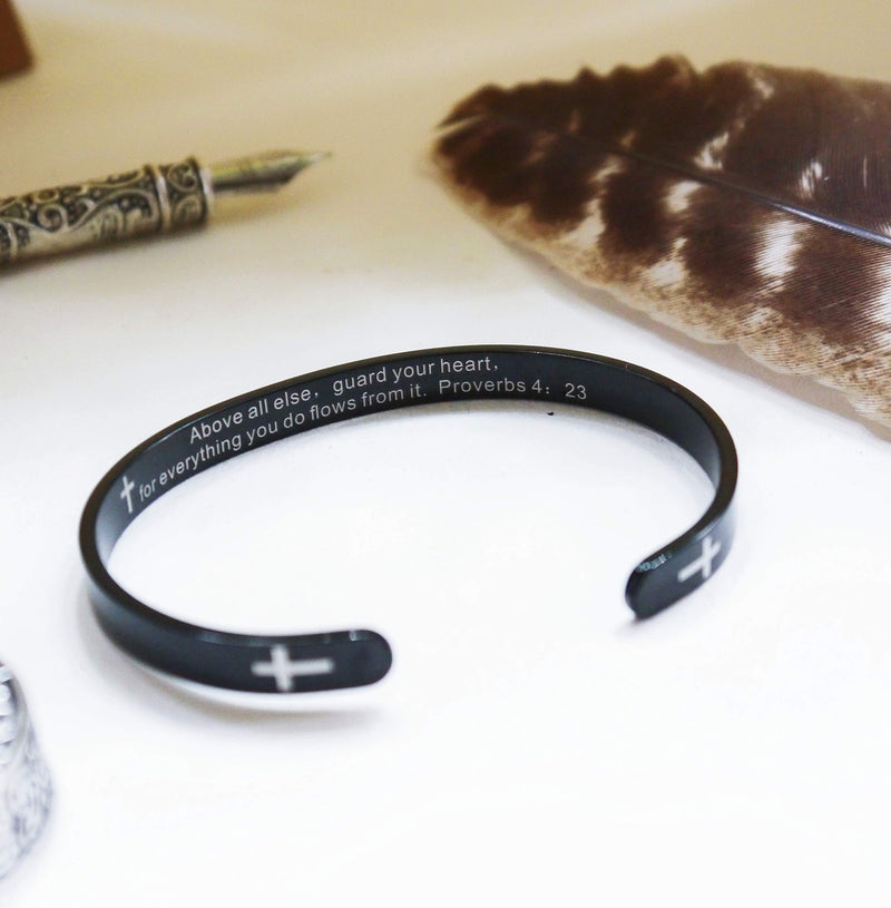 [Australia] - RENYILIN Black Stainless Steel Religion Quotes Faith in Christian Bible Verses Inspiring Cuff Bracelets Above all else，guard your heart，for everything you do flows from it.  Proverbs 4：23 