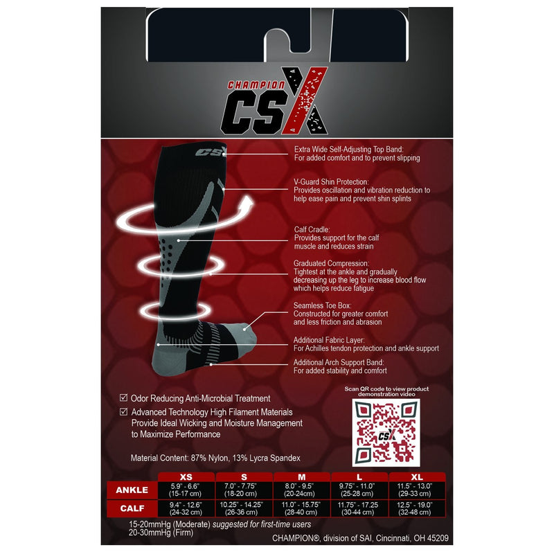 [Australia] - CSX 20-30 mmHg Compression Socks for Men and Women, Knee High, Recovery Support, Athletic Sport Fit, Silver on Black, Large Large (20-30 mmHg) 