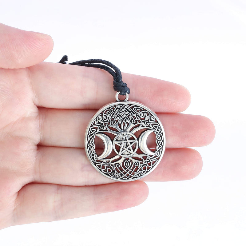 [Australia] - HAQUIL Wiccan Necklace - Metal Alloy, Tree of Life Triple Moon Goddess Pentagram Pendant - Waxed Cotton Cord, Adjustable Length 35.4" 