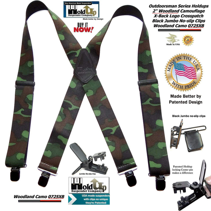 [Australia] - Holdup Suspender Company's 2" Wide Woodland Camouflage Hunting Suspenders with jumbo Patented No-slip Clips 