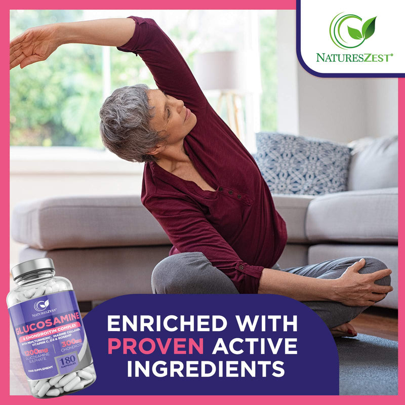 [Australia] - Glucosamine and Chondroitin High Strength Capsules - Glucosamine Complex with MSM – 180 Glucosamine Capsules - with Vitamin C, Rosehip, Turmeric Curcumin & Marine Collagen – UK Made by Natures Zest 
