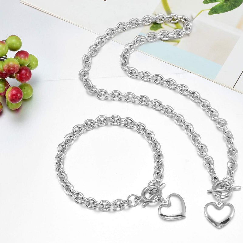 [Australia] - W/W Lifetime Heart Chain Necklace + Heart Bracelet for Women Girls Love Charm Toggle Chain Jewelry Set Stainless Steel 18K Gold/Silver Valentines Gifts White 18" necklace+8" bracelet 