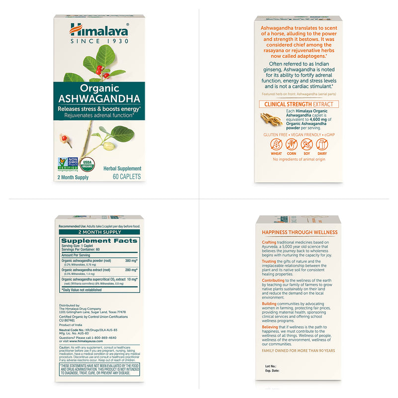 [Australia] - Himalaya Organic Ashwagandha, 2 Month Supply for Stress Relief, USDA Certified Organic, Non-GMO, Gluten-Free Supplement, 100% Ashwagandha powder & extract, 670 mg, 60 Caplets CAPLET 