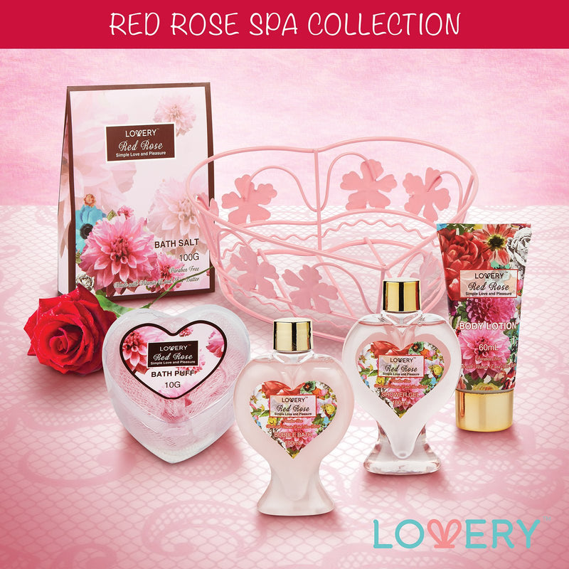 [Australia] - Father's Day Spa Gift Basket in Red Rose Fragrance - Lovely Bath Gifts - Best Home Spa Set - Luxury Bath & Body Set, Contains Shower Gel, Bubble Bath, Body Lotion, Bath Salt, Puff & Heart Wired Basket 