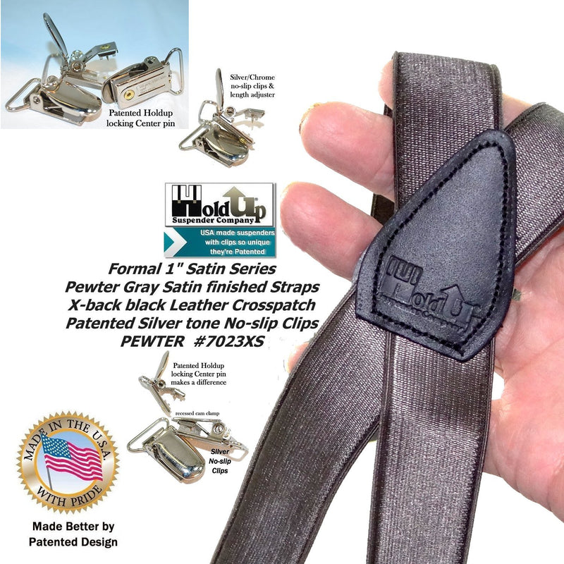 [Australia] - Holdup Brand dark Pewter Grey Satin Finished 1" narrow X-back Suspenders with Silver tone Silver No-slip clips 