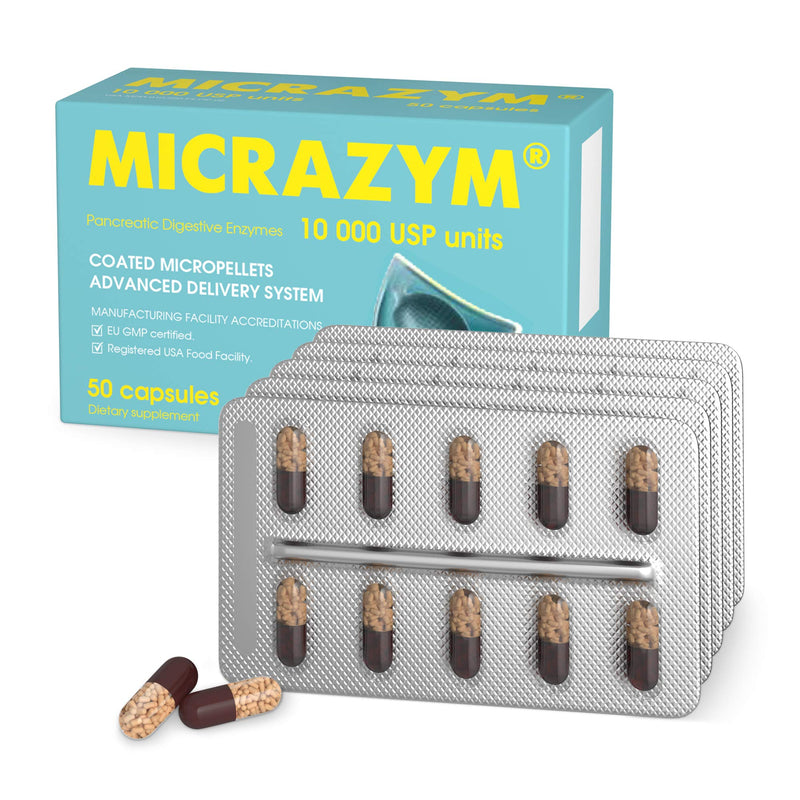 [Australia] - AVVA Pharmа Micrazym Pancreatic Enzymes - 10,000 USP Effective Pancreatic Enzyme Supplements - Digestive Enzymes for Digestion - 50 Fast-Acting Capsules with Amylase, Lipase and Protease 