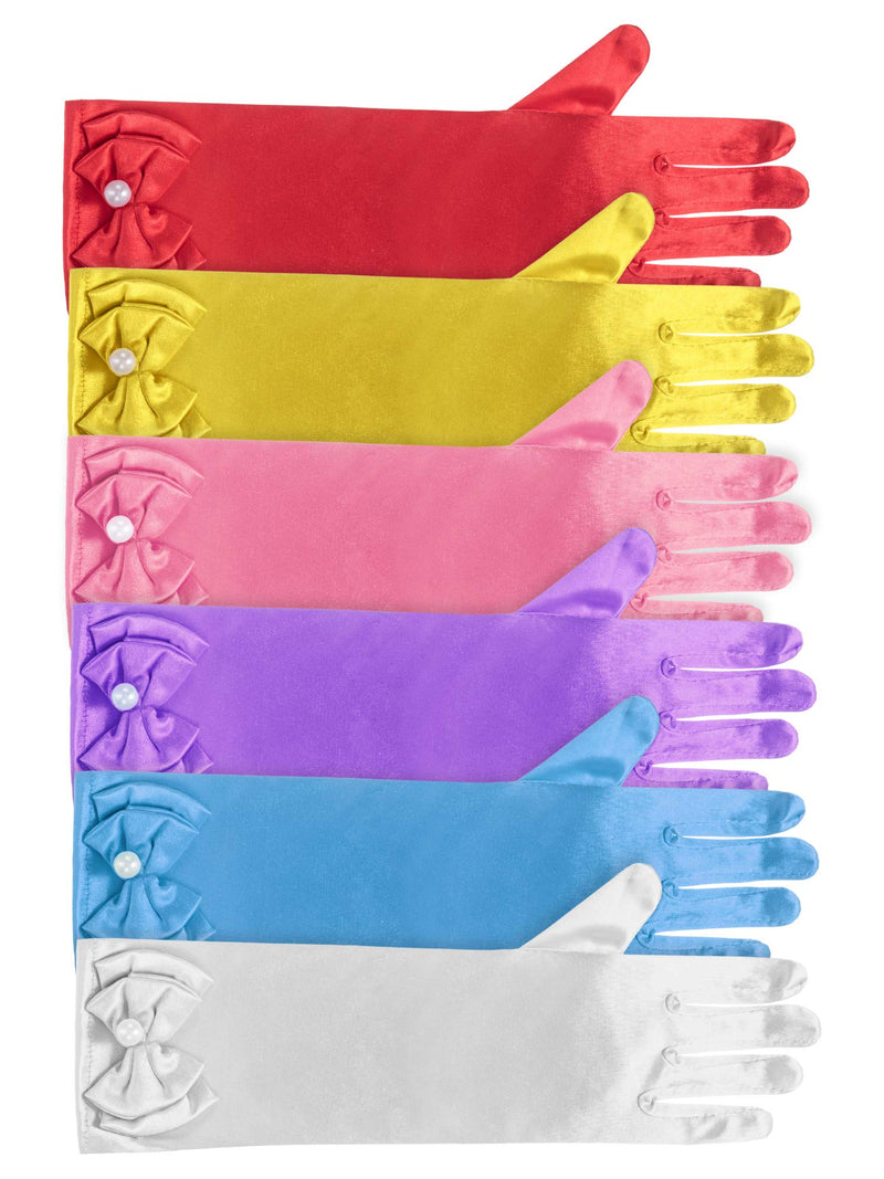 [Australia] - Zhanmai 6 Pairs Girls Satin Gloves Princess Dress Up Bows Gloves Long Formal Gloves for Party, Ages 3 to 8 Years Old Sky Blue, Red, Purple, Pink, White and Yellow 