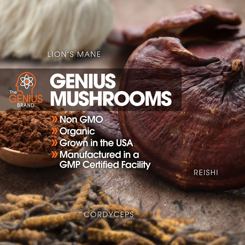 [Australia] - Genius Mushroom – Lions Mane, Cordyceps and Reishi – Immune System Booster & Nootropic Brain Supplement – Wellness Formula for Natural Energy, Memory & Liver Support, 90 Veggie Pills 