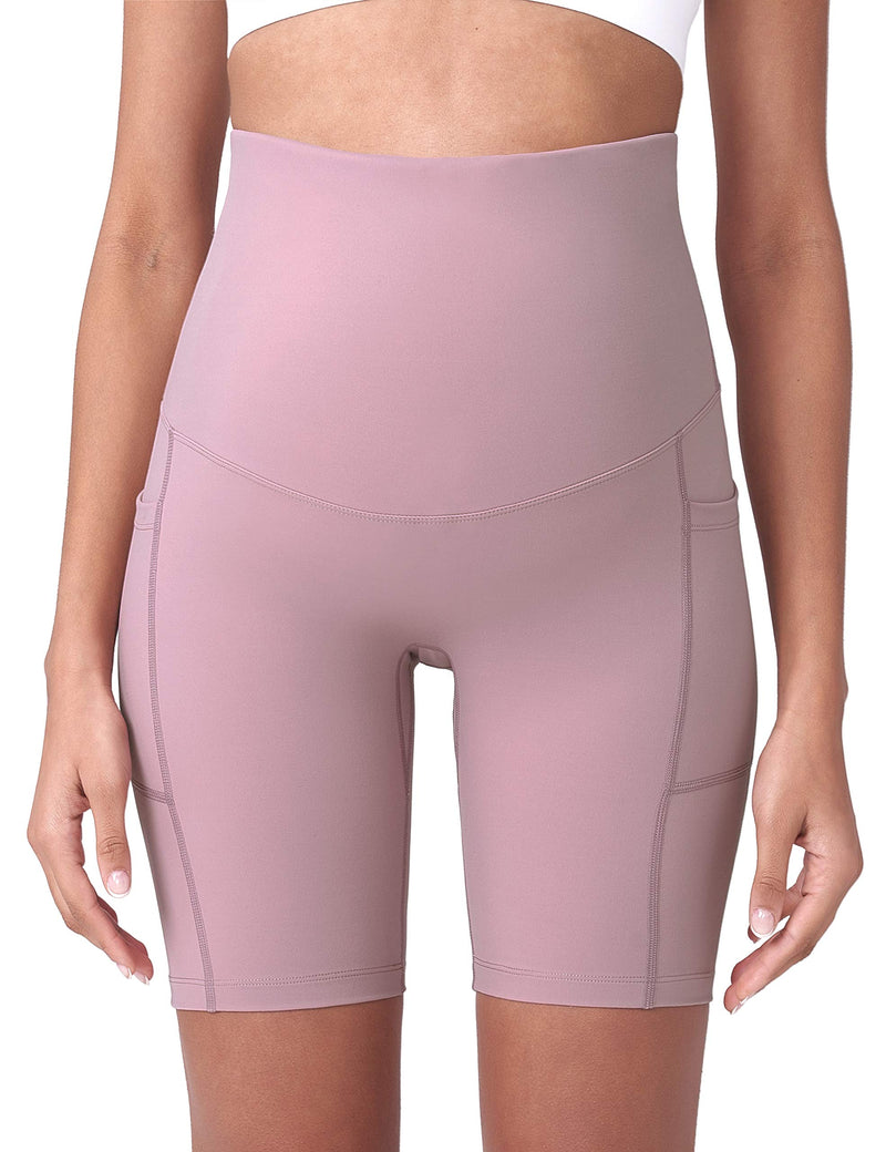 [Australia] - POSHDIVAH Women's Maternity Yoga Shorts Over The Belly Bump Summer Workout Running Active Short Pants with Pockets 5"/8" Large Pink 8" 