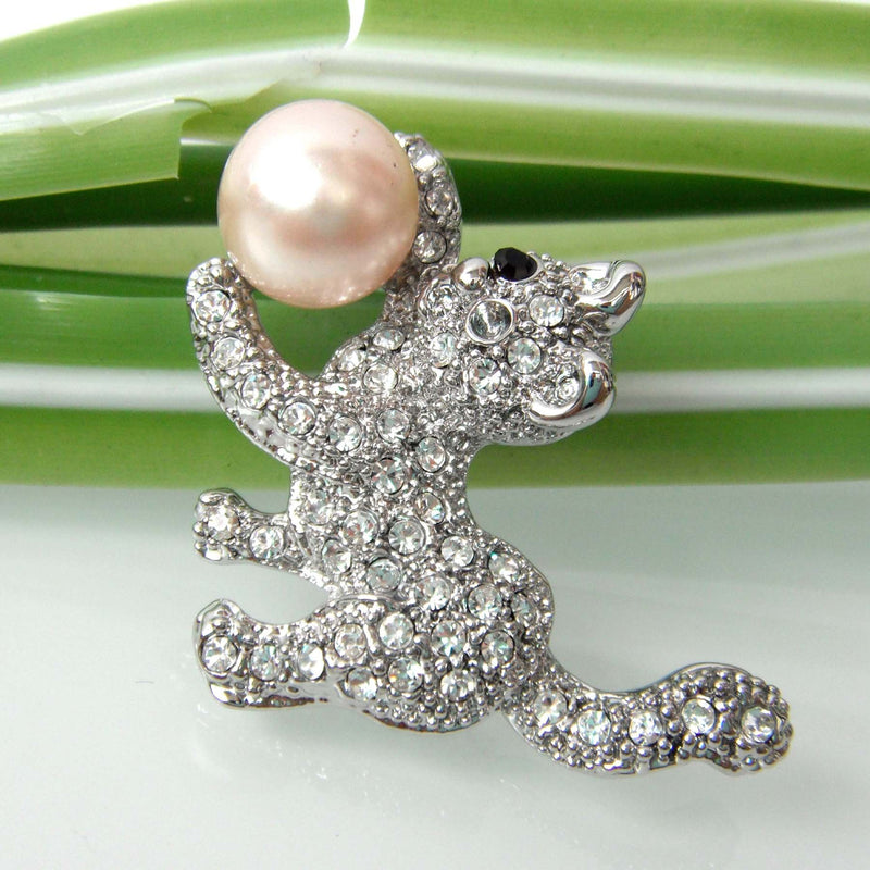 [Australia] - Navachi 18k Gold Plated Multi-Color Crystal Pearl Cat Brooch Pin White 