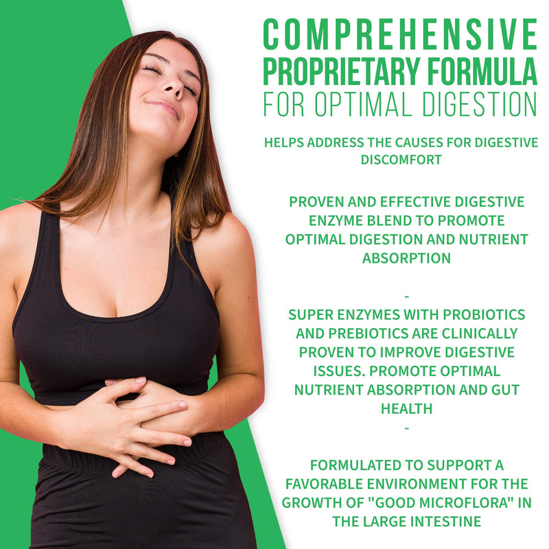 [Australia] - Super Enzymes Supplement - 15 Vegan + Plant-Based Digestive Enzymes with Prebiotics, Probiotics + Bioperine - Supports Gut Health, Gluten Digestion, Lactose Absorption + Leaky Gut - 60 Veggie Capsules 