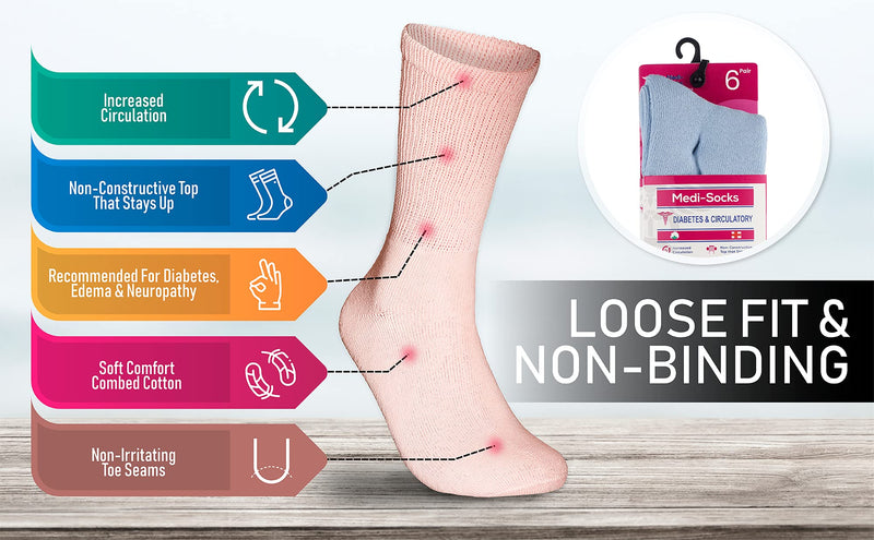 [Australia] - Special Essentials 6 Pairs Women Cotton Diabetic Socks Crew Non Binding Loose Fitting Variety Pack 