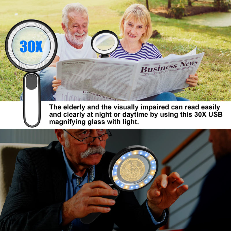 [Australia] - Magnifying Glass with Light, Handheld Illuminated Lighted Magnifying Glass with 21 Led, 3 Light Modes & Rechargeable USB Magnifier Seniors, Reading, Macular Degeneration, Exploring, Coins (Black) Black 