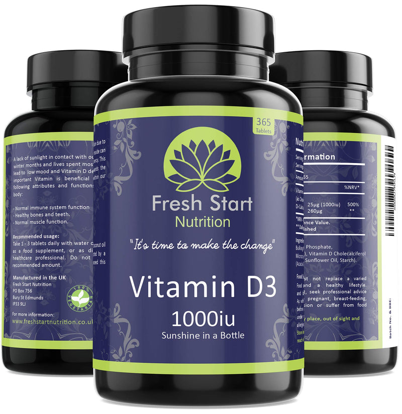 [Australia] - Vitamin D3 1000iu Tablets | 365 (1 Year Supply) Vegetarian Vitamin D Supplement Tiny Easy to Swallow Pills | VIT D as Cholecalciferol | Fresh Start Nutrition 