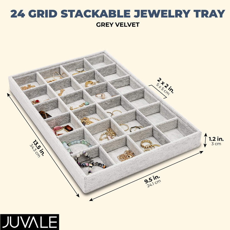 [Australia] - 24 Grid Stackable Jewelry Tray (13.5 x 9.5 Inches, Grey Velvet) 
