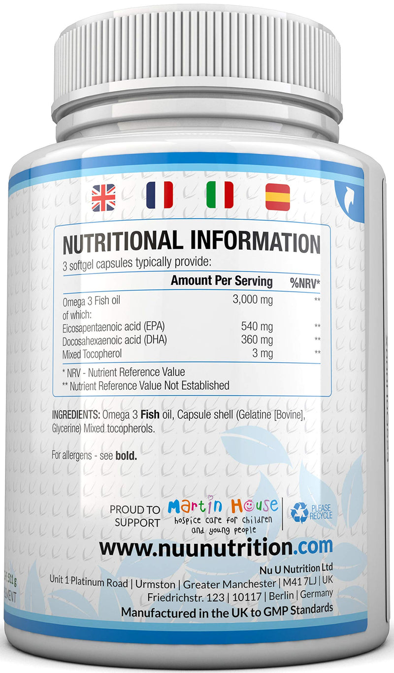 [Australia] - Omega 3 Fish Oil 1000mg - 365 Softgel Capsules - Up to 12 Month�s Supply - Pure Fish Oil with Balanced EPA & DHA - Contaminant Free Omega 3 - Made in The UK by Nu U Nutrition 