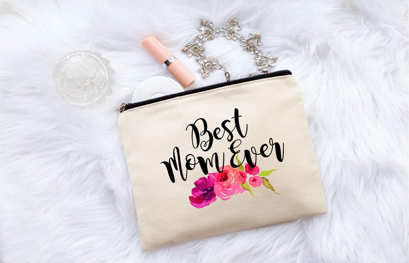 [Australia] - Best Mom Ever Makeup Bag, Gift for Mom, Mother's Day Gift, Cosmetic Bag for Mom, Floral Bag, Travel Makeup Pouch 