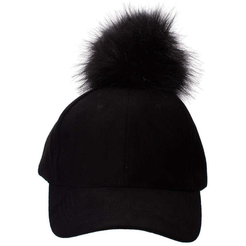 [Australia] - Lawliet Womens Adjustable Suede Baseball Cap Hip-Hop Hat Faux Fur Pom Pom A383 Black 