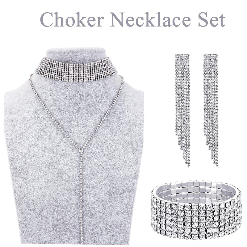 [Australia] - Hicarer Women Crystal Jewelry Set Bridal Wedding Rhinestone Choker Bracelet Dangle Earrings Silver 