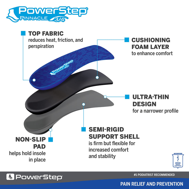 [Australia] - Powerstep Insoles, Pinnacle 3/4 Thin, Arch Pain Relief Insole, For Tight Shoes, Arch Support Orthotic For Women and Men Blue Men's 10-10.5 / Women's 12 