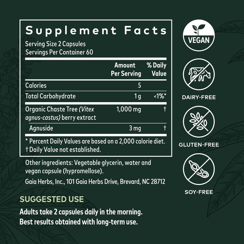 [Australia] - Gaia Herbs Vitex Berry (Chaste Tree) - Supports Hormone Balance & Fertility for Women - Helps Maintain Healthy Progesterone Levels to Support Menstrual Cycle Health - 120 Vegan Caps (60-Day Supply) 120 Count (Pack of 1) Standard Packaging 