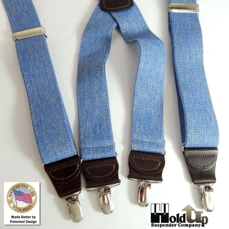 [Australia] - Holdup Suspenders in Light Blue Denim color have USA made 1 1/2" wide straps and X-back Crosspatch with No-slip Silver Clips 