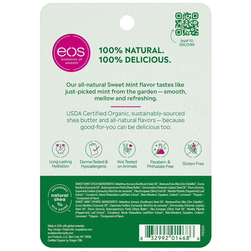 [Australia] - eos USDA Organic Lip Balm - Sweet Mint | Lip Care to Nourish Dry Lips | 100% Natural and Gluten Free | Long Lasting Hydration | 2 Pack (Packaging May Vary) Stick & Sphere 