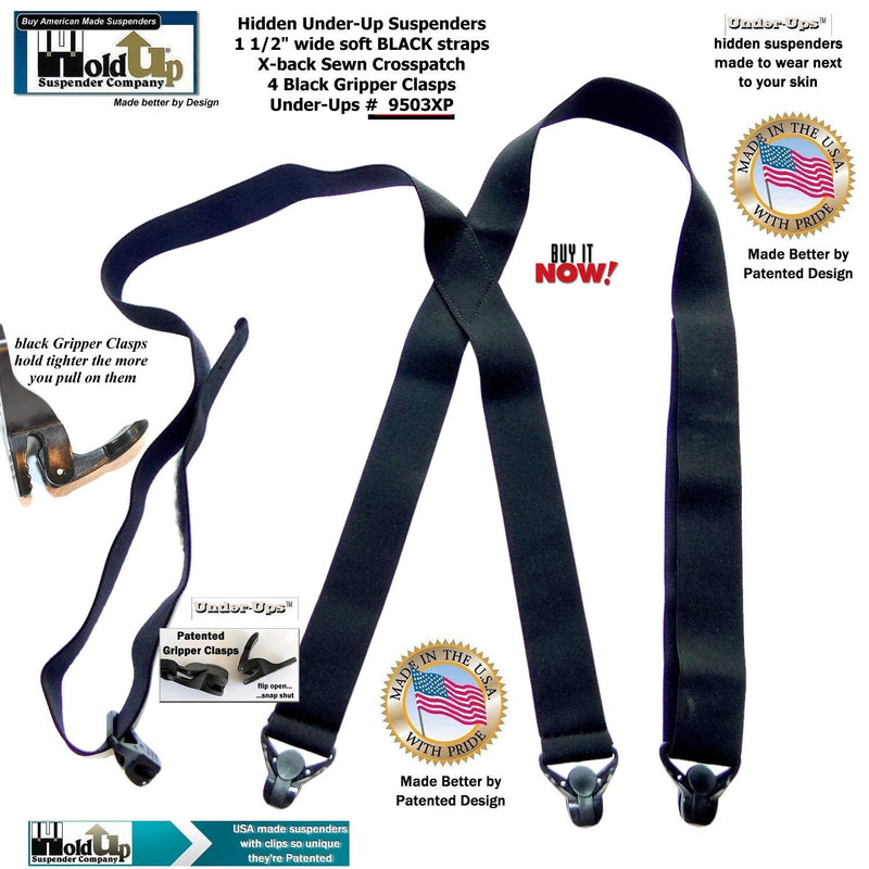 [Australia] - Holdup Suspender Company USA made All Black Hidden Undergarment No-Alarm Suspenders with Patented Black Gripper Clasps 