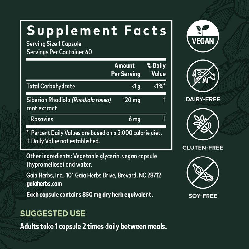 [Australia] - Gaia Herbs Rhodiola Rosea - Stress Support Supplement Traditionally for Supporting Healthy Stamina and Endurance - with Siberian Rhodiola Root Extract - 60 Vegan Liquid Phyto-Capsules (30-Day Supply) 60 Count (Pack of 1) retail_packaging 